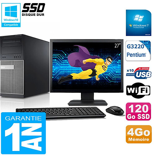 PC Tour DELL 9020 Intel G3220 Ram 4Go Disque 120 Go SSD Wifi W7 Ecran 27" · Occasion