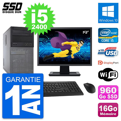 PC Tour Dell 790 MT Ecran 19" Intel i5-2400 RAM 16Go SSD 960Go Windows 10 Wifi · Occasion