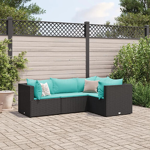 vidaXL Salon de jardin 4 pcs avec coussins Noir Résine tressée