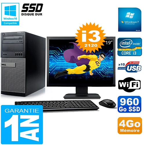 PC Tour DELL 7010 Ecran 19" Core I3-2120 RAM 4Go Disque 960 Go SSD Wifi W7 · Occasion