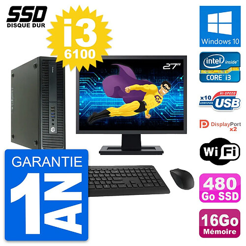 PC HP 600 G2 SFF Ecran 27" Intel Core i3-6100 RAM 16Go SSD 480Go Windows 10 Wifi · Occasion