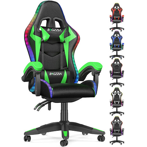 Chaise de jeu avec lumières LED RGB - chaises de jeu vidéo Rattantree - Chaise de bureau ergonomique - Support dorsal haut - Support lombaire - Chaise de jeu PC Vert