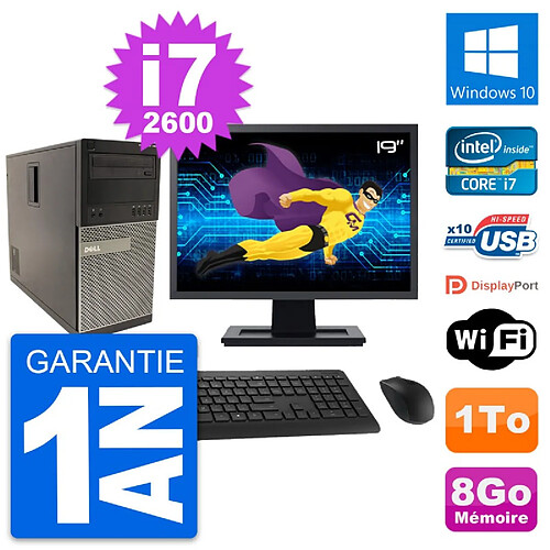 PC Tour Dell 790 MT Ecran 19" Intel i7-2600 RAM 8Go Disque 1To Windows 10 Wifi · Occasion