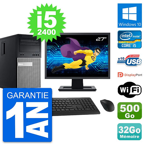 PC Tour Dell 990 Ecran 27" Intel i5-2400 RAM 32Go Disque 500Go Windows 10 Wifi · Occasion