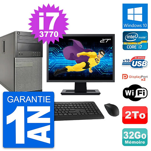 PC Tour Dell 9010 Ecran 27" Intel i7-3770 RAM 32Go Disque 2To Windows 10 Wifi · Occasion