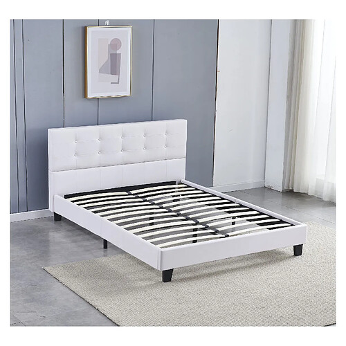 Sensoreve Lit 140x200cm simili cuir blanc avec tête de lit boutonnée, sommier lattes en bois