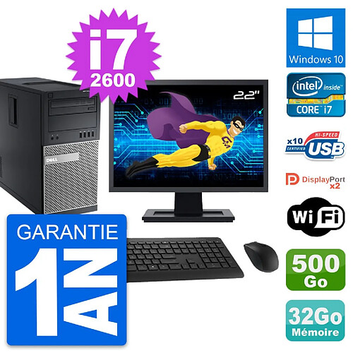 PC Tour Dell 9010 Ecran 22" Intel i7-2600 RAM 32Go Disque 500Go Windows 10 Wifi · Occasion