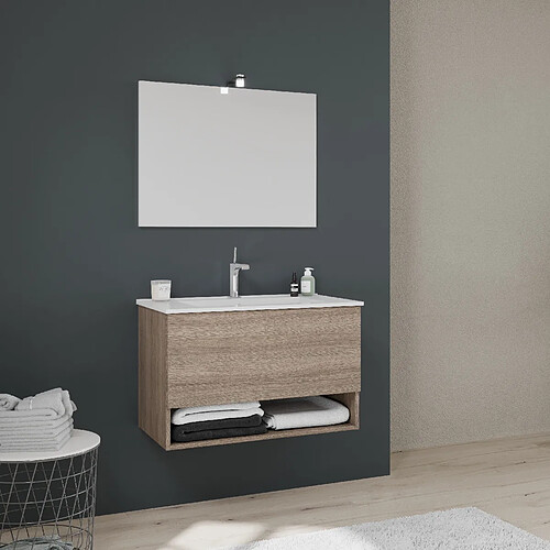 Kiamami Valentina MEUBLE DE SALLE DE BAIN AVEC UN GRAND TIROIR ET COMPARTIMENT OUVERT 80CM EN CHÊNE NATUREL | VENEZIA