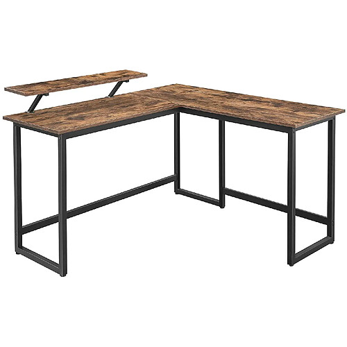 Helloshop26 Bureau en forme de L table d’angle avec support d’écran pour étudier jouer travailler gain d’espace pieds réglables cadre métallique assemblage facile marron rustique12_0000327