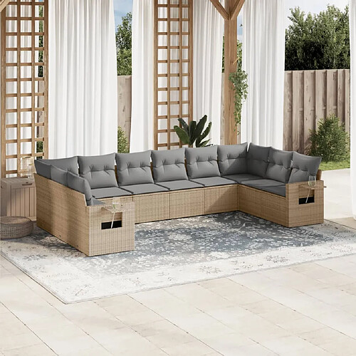 vidaXL Salon de jardin avec coussins 10 pcs beige résine tressée