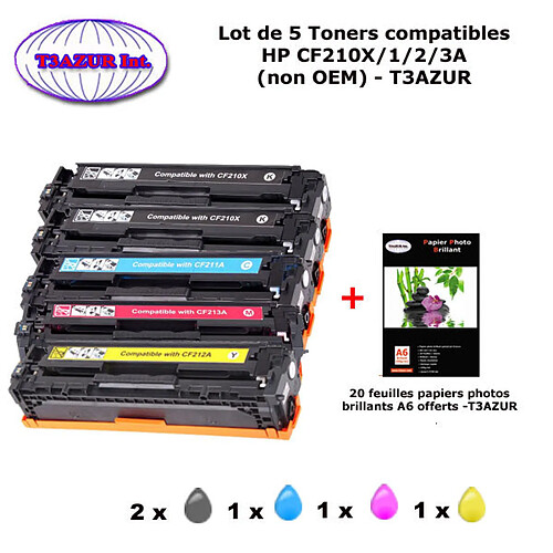 5 Toners génériques HP CF210X,1,2,3A ,HP 131X pour HP LaserJet Pro 200 color M251, M276+ 20f papiers photos A6 -T3AZUR