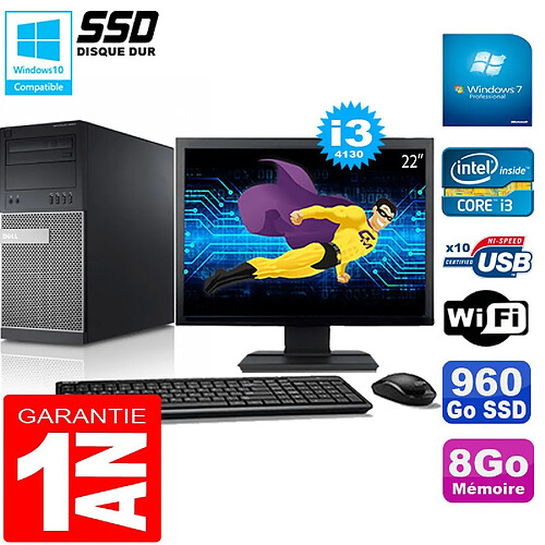 PC Tour DELL 9020 Core I3-4130 Ram 8Go Disque 960 Go SSD Wifi W7 Ecran 22" · Occasion