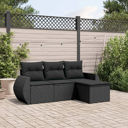 vidaXL Salon de jardin 4 pcs avec coussins noir résine tressée