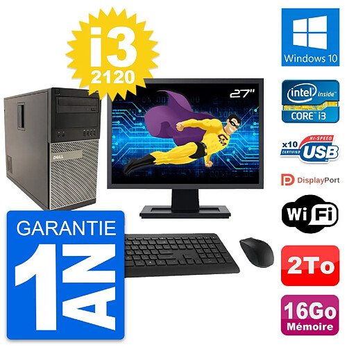 PC Tour Dell 790 MT Ecran 27" Intel i3-2120 RAM 16Go Disque 2To Windows 10 Wifi · Occasion