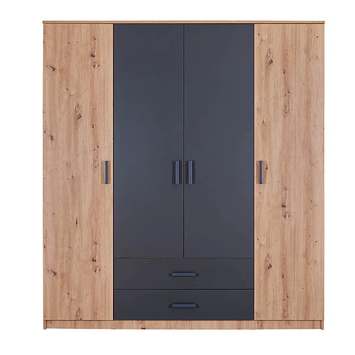 Pegane Armoire, meuble de rangement avec 4 portes en MDF coloris artisan, anthracite - Longueur 180 x profondeur 58 x hauteur 198,5 cm