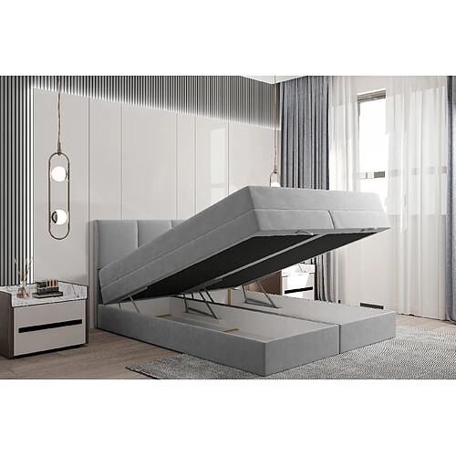 TRADA Lit adulte rembourré PRADO avec rangement et matelas ressorts ensachés 180x200 gris clair