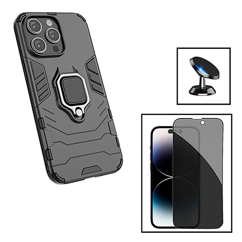 PHONECARE Kit Verre Trempé 5D Anti-Spy + Coque 3X1 Military Defender + Support Magnétique de Voiture pour Apple iPhone 15 Pro - Noir