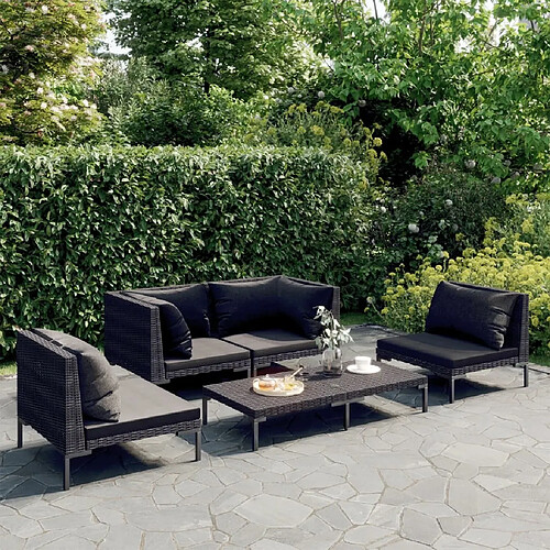 vidaXL Salon de jardin 5 pcs avec coussins Résine tressée Gris foncé