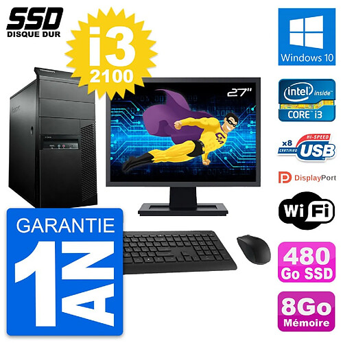 PC Tour Lenovo M91p Ecran 27" Intel i3-2100 RAM 8Go SSD 480Go Windows 10 Wifi · Occasion