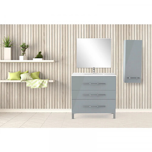 Dansmamaison Ensemble meuble sous vasque 3 tiroirs 90 cm Gris clair + colonne + miroir - LANA