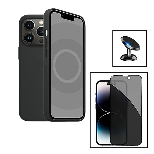 PHONECARE Kit Film Verre Trempé 5D Anti-Spy + Coque Silicone Liquide + Support Magnétique de Voiture pour Apple iPhone 15 - Noir