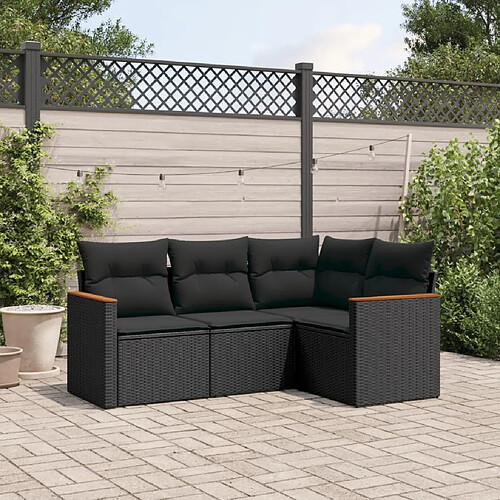 vidaXL Salon de jardin 4 pcs avec coussins noir résine tressée