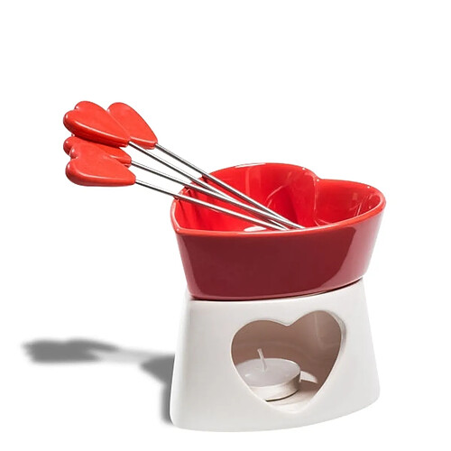 Totalcadeau Fondue en chocolat en céramique en forme de cœur rouge 4 piques