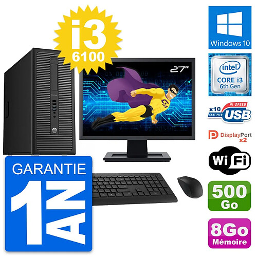 PC Tour HP 800 G2 Ecran 27" Intel i3-6100 RAM 8Go Disque 500Go Windows 10 Wifi · Occasion