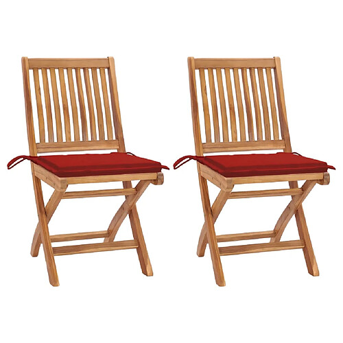 vidaXL Chaises de jardin lot de 2 et coussins rouge Bois teck massif