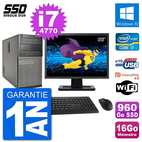 PC Tour Dell 7020 Ecran 22" Intel i7-4770 RAM 16Go SSD 960Go Windows 10 Wifi · Occasion