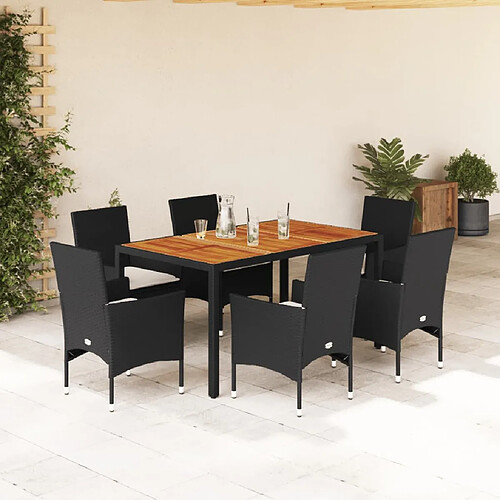 vidaXL Ensemble à manger de jardin et coussins 7pcs noir rotin acacia