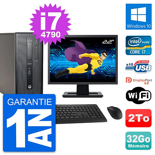 PC Tour HP 800 G1 Ecran 22" Intel i7-4790 RAM 32Go Disque 2To Windows 10 Wifi · Occasion