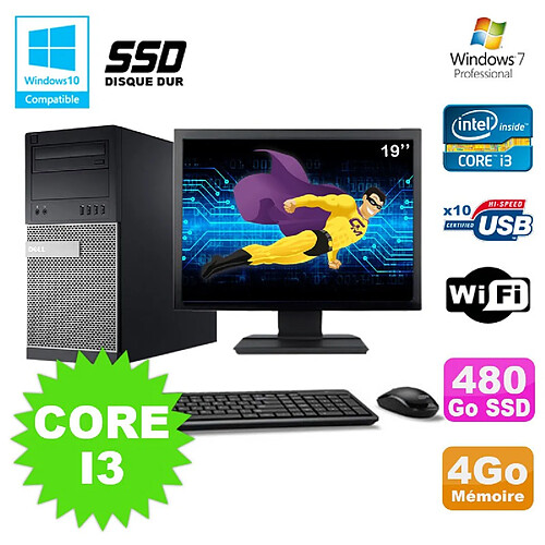 Lot PC Tour Dell 790 Core I3 3.1Ghz 4Go 480Go SSD DVD WIFI Win 7 + Ecran 19" · Occasion