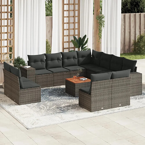 vidaXL Salon de jardin avec coussins 12 pcs gris résine tressée