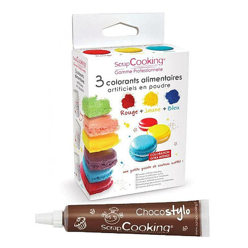 Scrapcooking 3 colorants alimentaires en poudre jaune-rouge-bleu + 1 Stylo chocolat