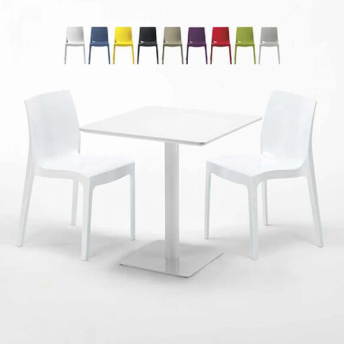 Grand Soleil Table carrée 70x70 blanche avec 2 chaises colorées Ice Meringue, Couleur: Blanc