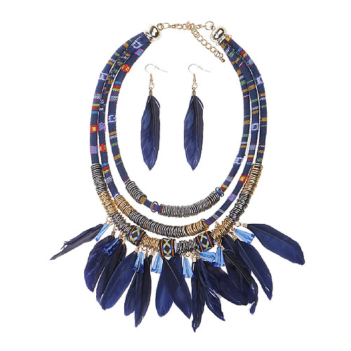 Bohème Tribal Plumes Gland Bib Collier Boucle D'oreille Ensemble De Bijoux Bleu