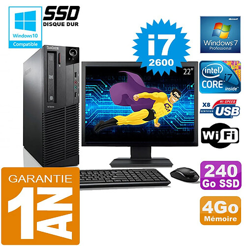 PC Lenovo M92p SFF Core I7-2600 Ram 4Go Disque 240 Go SSD Wifi W7 Ecran 22" · Occasion