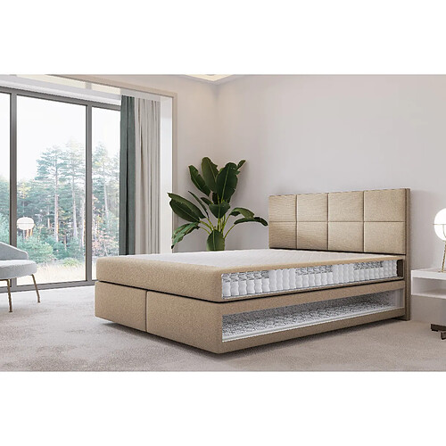 TRADA Lit adulte 200x200 cm Mallorca – lit suspendu avec matelas ressorts ensachés et matelas bonnell – tissu velours - beige