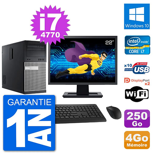 PC Tour Dell 9020 Ecran 22" Intel i7-4770 RAM 4Go Disque 250Go Windows 10 Wifi · Occasion