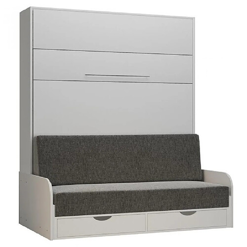 Inside 75 Armoire lit escamotable KOMPACT SOFA canapé tiroirs accoudoirs blanc mat tissu gris couchage 160*200 cm