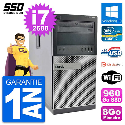 PC Tour Dell OptiPlex 990 Intel Core i7-2600 RAM 8Go SSD 960Go Windows 10 Wifi · Occasion