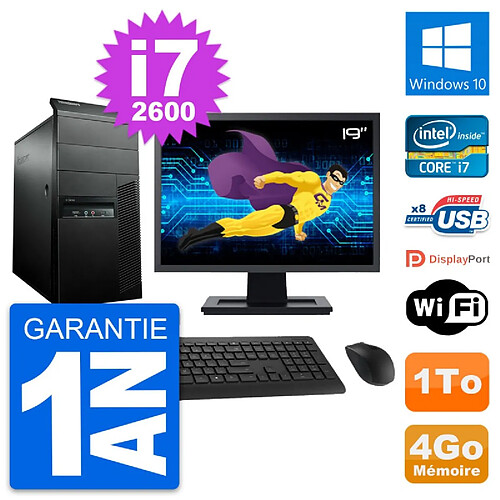 PC Tour Lenovo M91p Ecran 19" Core i7-2600 RAM 4Go Disque 1To Windows 10 Wifi · Occasion