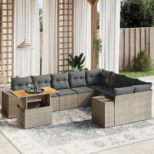 vidaXL Salon de jardin avec coussins 10 pcs gris résine tressée