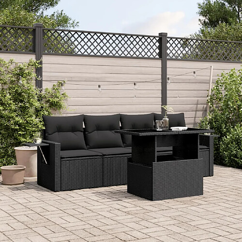 vidaXL Salon de jardin 5 pcs avec coussins noir résine tressée