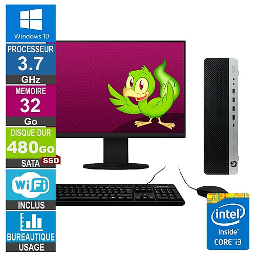 HP 800 G3 SFF i3-6100 3.70GHz 32Go/480Go SSD Wifi W10 + Ecran 24 · Reconditionné