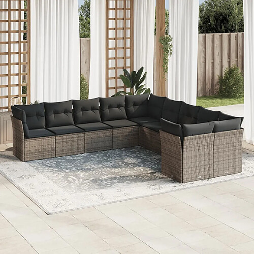 vidaXL Salon de jardin avec coussins 10 pcs gris résine tressée