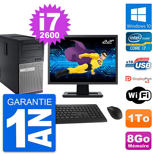 PC Tour Dell 9010 Ecran 22" Intel i7-2600 RAM 8Go Disque Dur 1To Windows 10 Wifi · Occasion