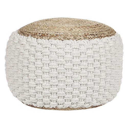 Beliani Pouf tricoté en coton blanc et beige d 50 cm AIZA