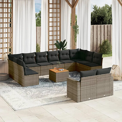 vidaXL Salon de jardin avec coussins 13 pcs gris résine tressée